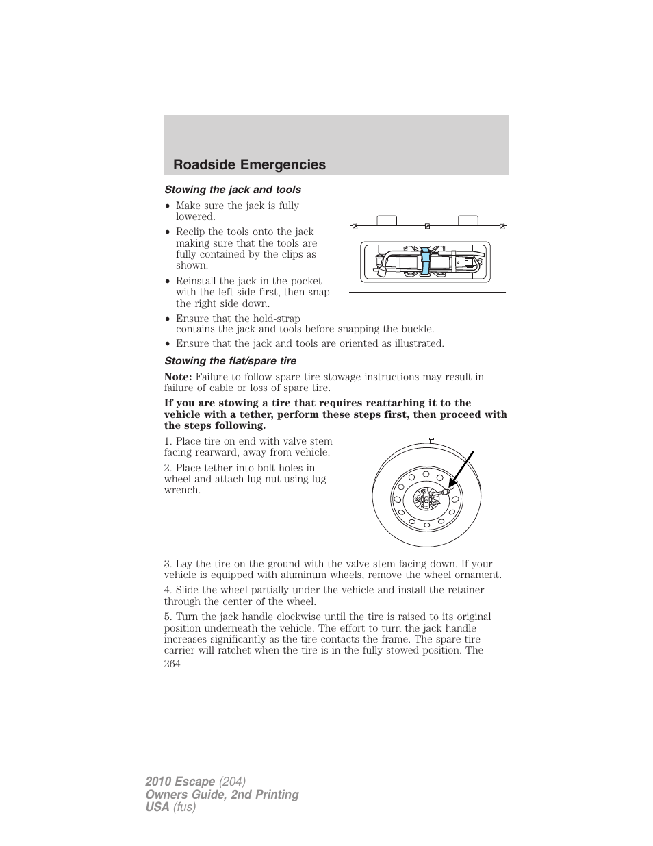 Stowing the jack and tools, Stowing the flat/spare tire, Roadside emergencies | FORD 2010 Escape v.2 User Manual | Page 264 / 344