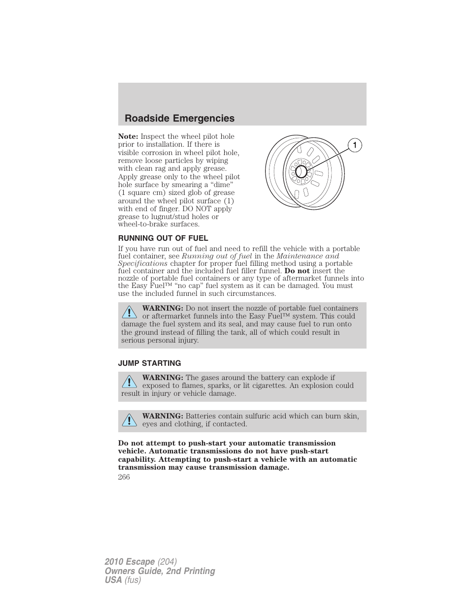 Running out of fuel, Jump starting, Roadside emergencies | FORD 2010 Escape v.2 User Manual | Page 266 / 344