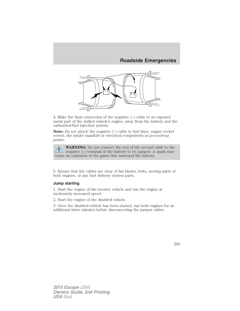 Jump starting, Roadside emergencies | FORD 2010 Escape v.2 User Manual | Page 269 / 344