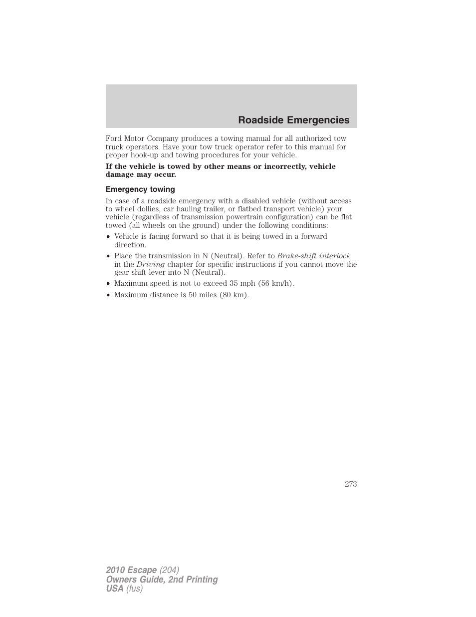 Emergency towing, Roadside emergencies | FORD 2010 Escape v.2 User Manual | Page 273 / 344