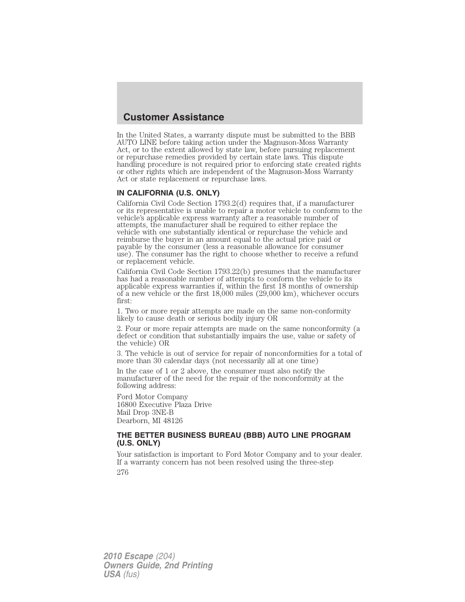 In california (u.s. only), Customer assistance | FORD 2010 Escape v.2 User Manual | Page 276 / 344