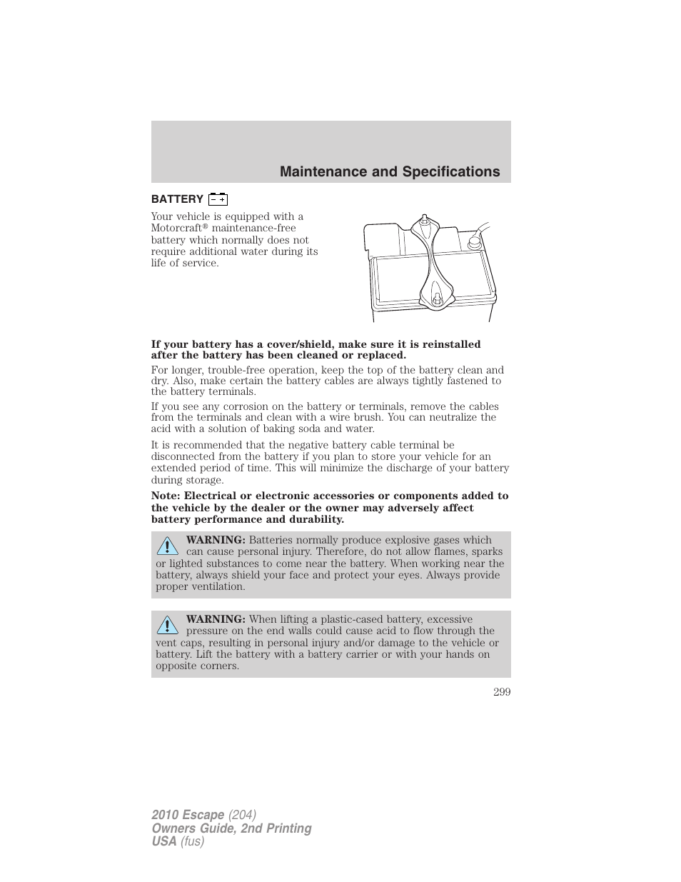 Battery, Maintenance and specifications | FORD 2010 Escape v.2 User Manual | Page 299 / 344