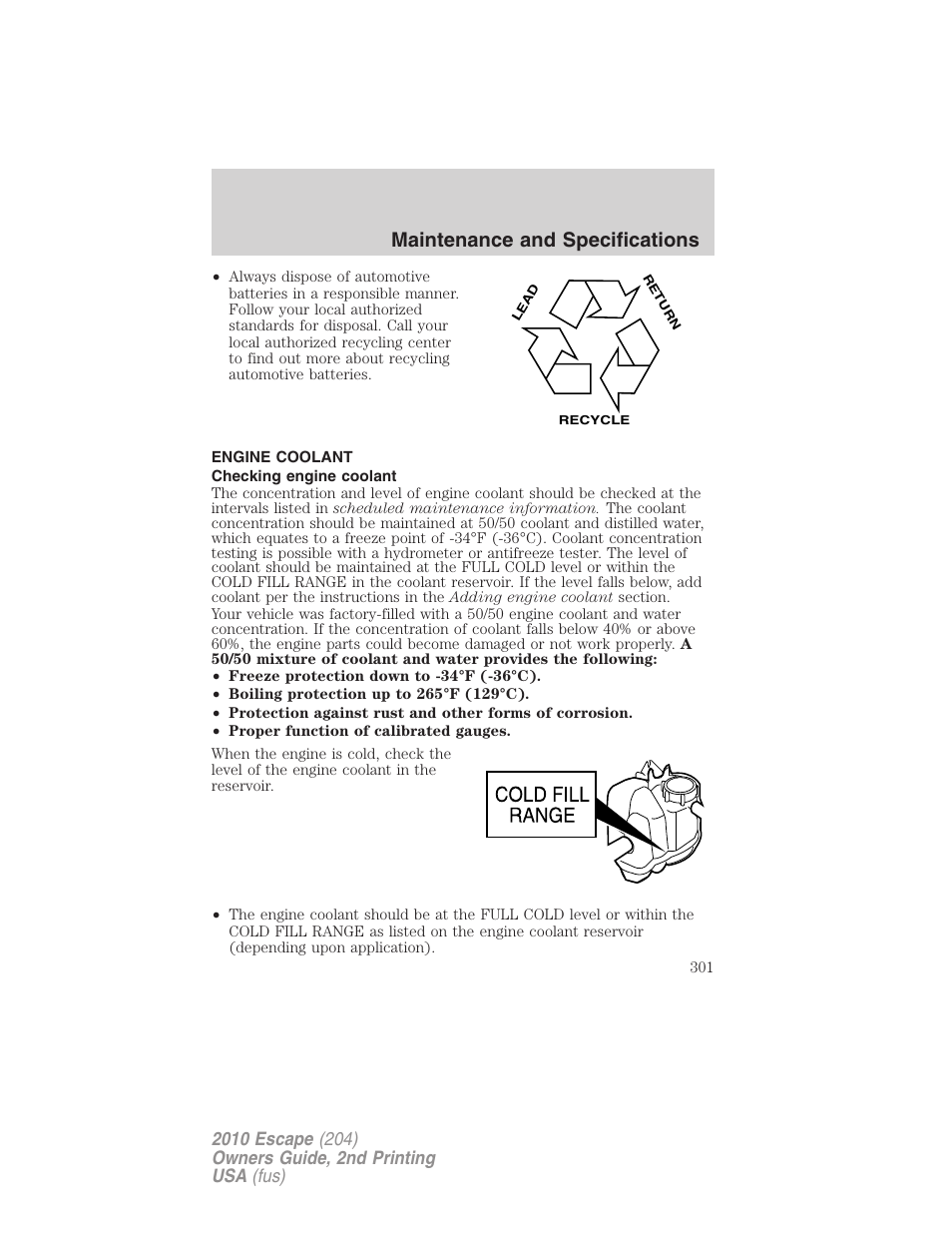 Engine coolant, Checking engine coolant, Maintenance and specifications | FORD 2010 Escape v.2 User Manual | Page 301 / 344