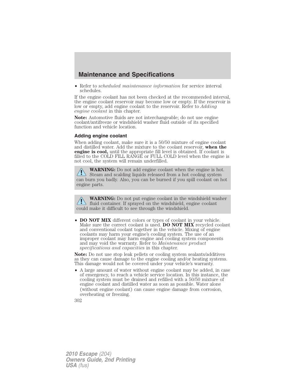 Adding engine coolant, Maintenance and specifications | FORD 2010 Escape v.2 User Manual | Page 302 / 344