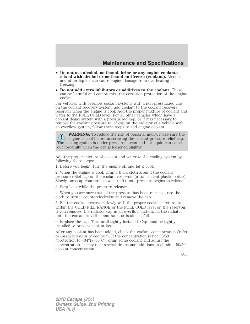 Maintenance and specifications | FORD 2010 Escape v.2 User Manual | Page 303 / 344