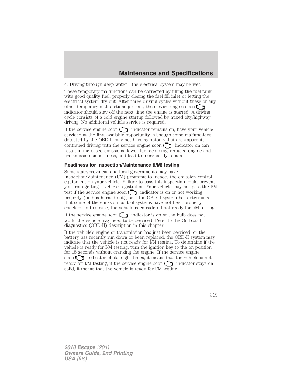 Readiness for inspection/maintenance (i/m) testing, Maintenance and specifications | FORD 2010 Escape v.2 User Manual | Page 319 / 344