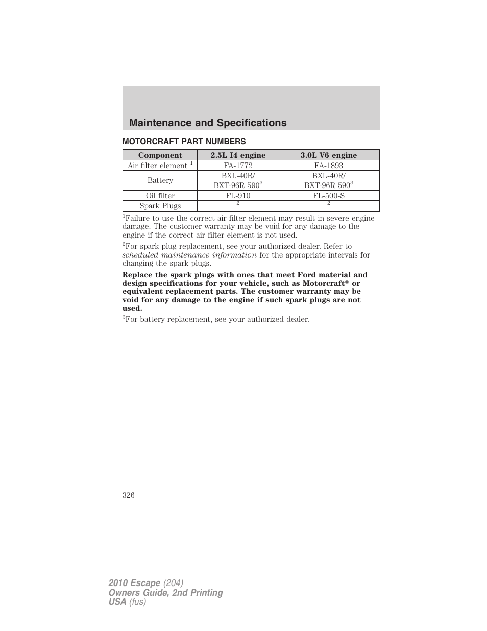 Motorcraft part numbers, Part numbers, Maintenance and specifications | FORD 2010 Escape v.2 User Manual | Page 326 / 344