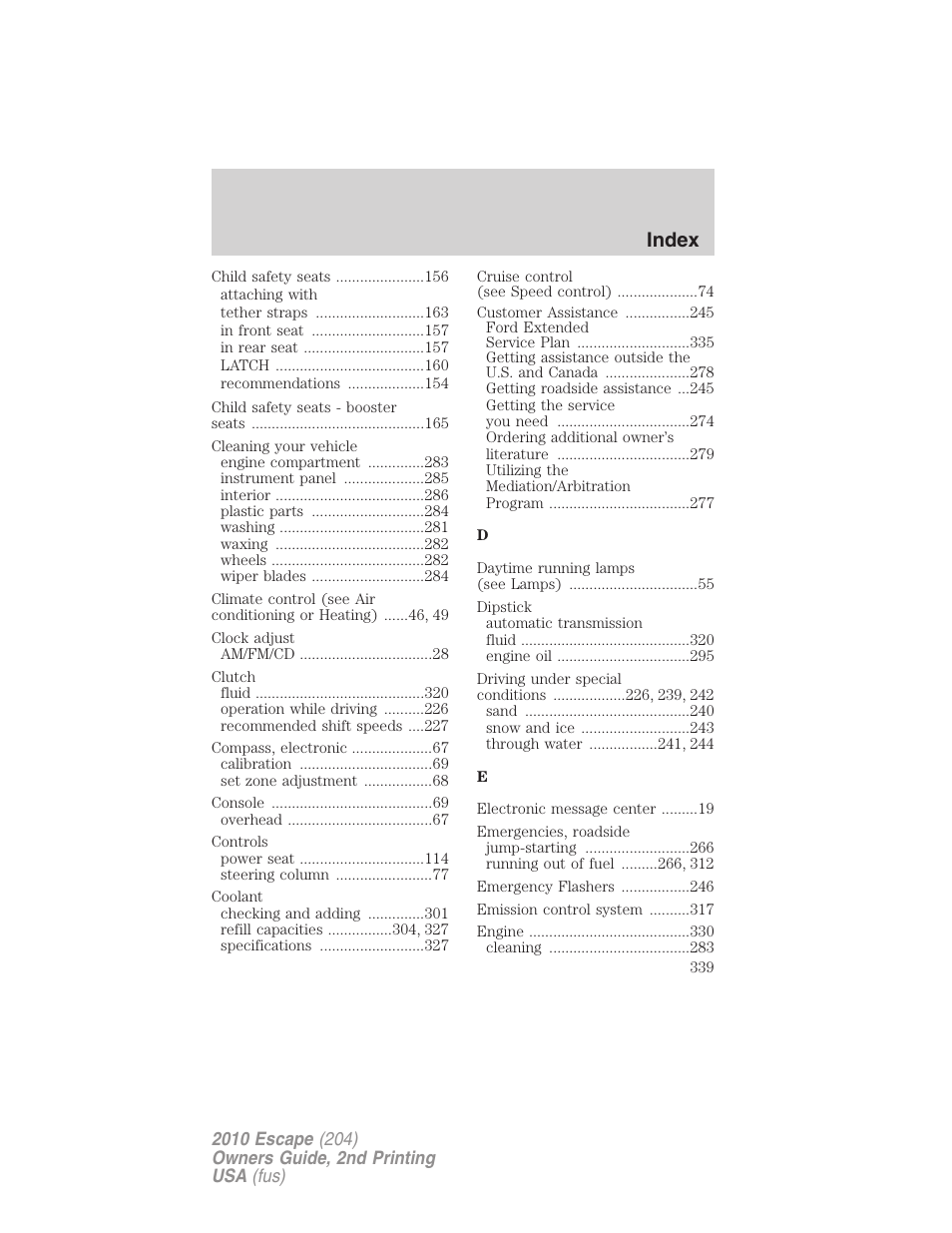 Index | FORD 2010 Escape v.2 User Manual | Page 339 / 344