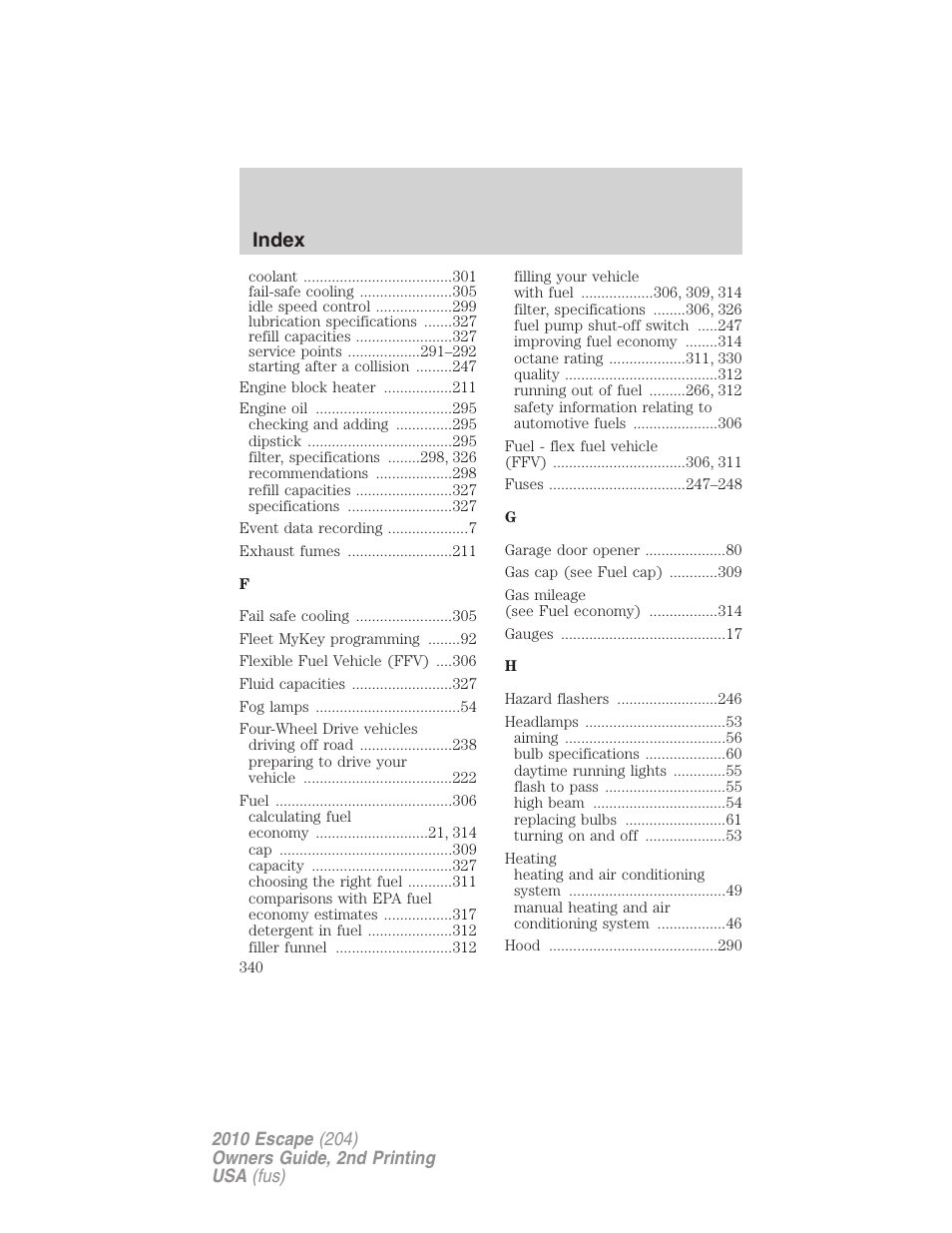 Index | FORD 2010 Escape v.2 User Manual | Page 340 / 344