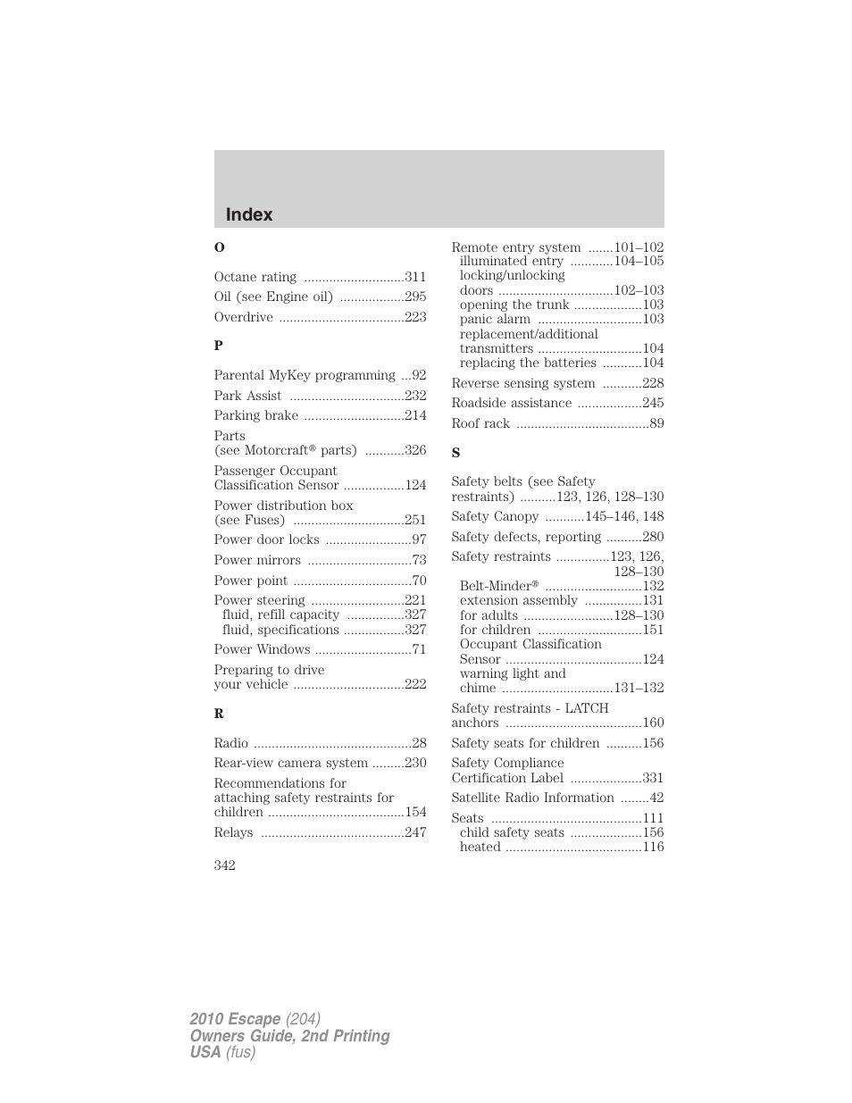 Index | FORD 2010 Escape v.2 User Manual | Page 342 / 344