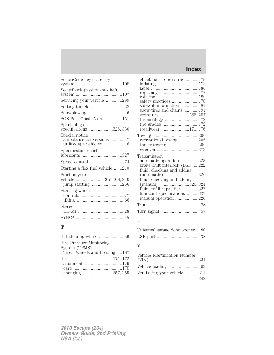 Index | FORD 2010 Escape v.2 User Manual | Page 343 / 344