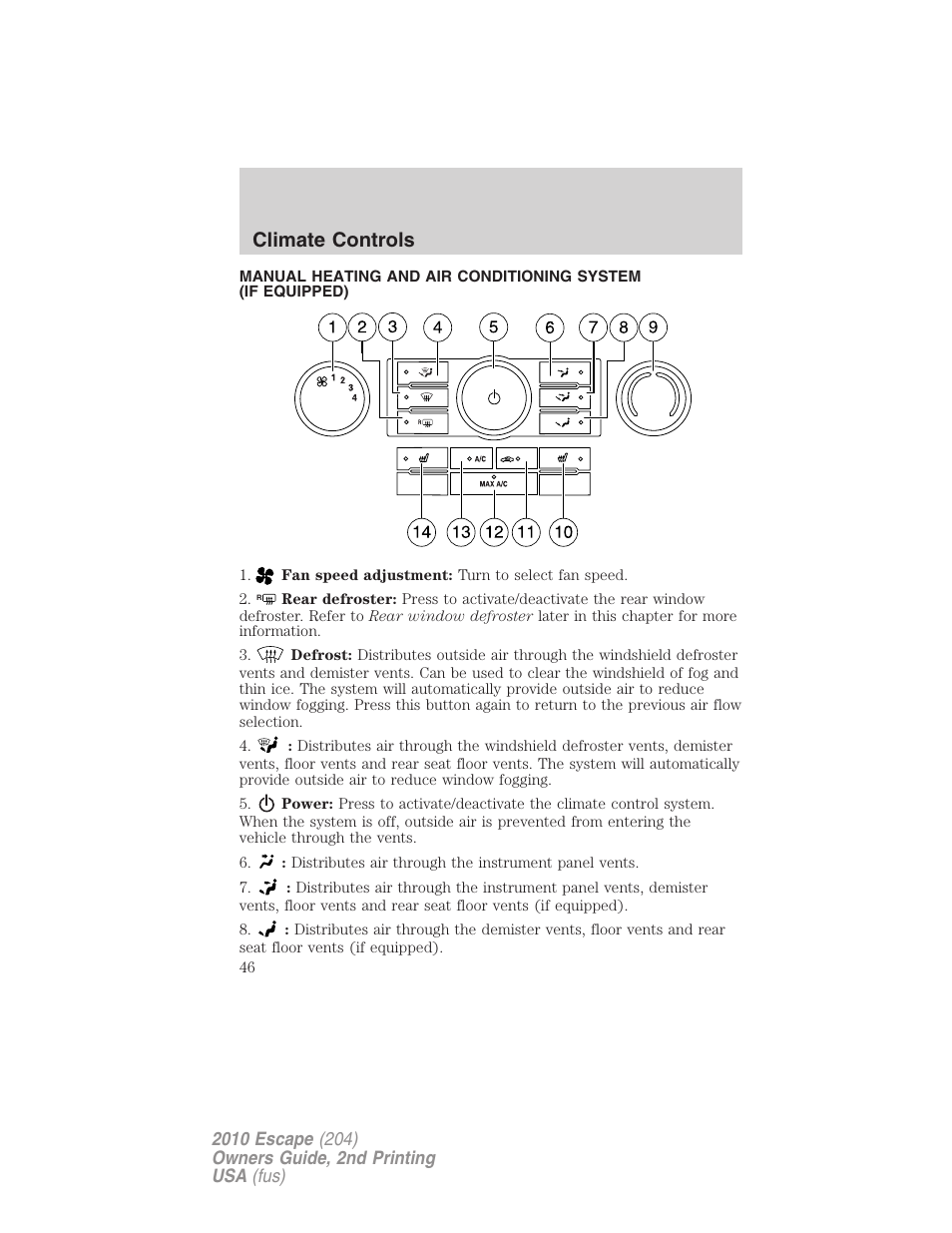 Climate controls, Manual heating and air conditioning | FORD 2010 Escape v.2 User Manual | Page 46 / 344