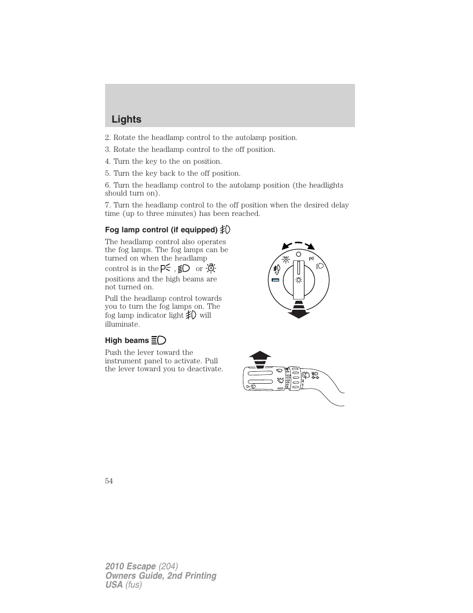 Fog lamp control (if equipped), High beams, Lights | FORD 2010 Escape v.2 User Manual | Page 54 / 344