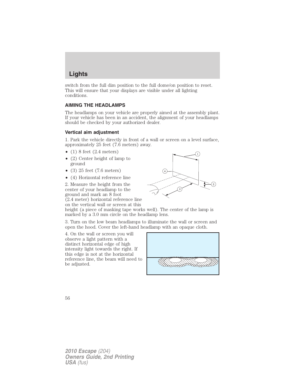 Aiming the headlamps, Vertical aim adjustment, Lights | FORD 2010 Escape v.2 User Manual | Page 56 / 344