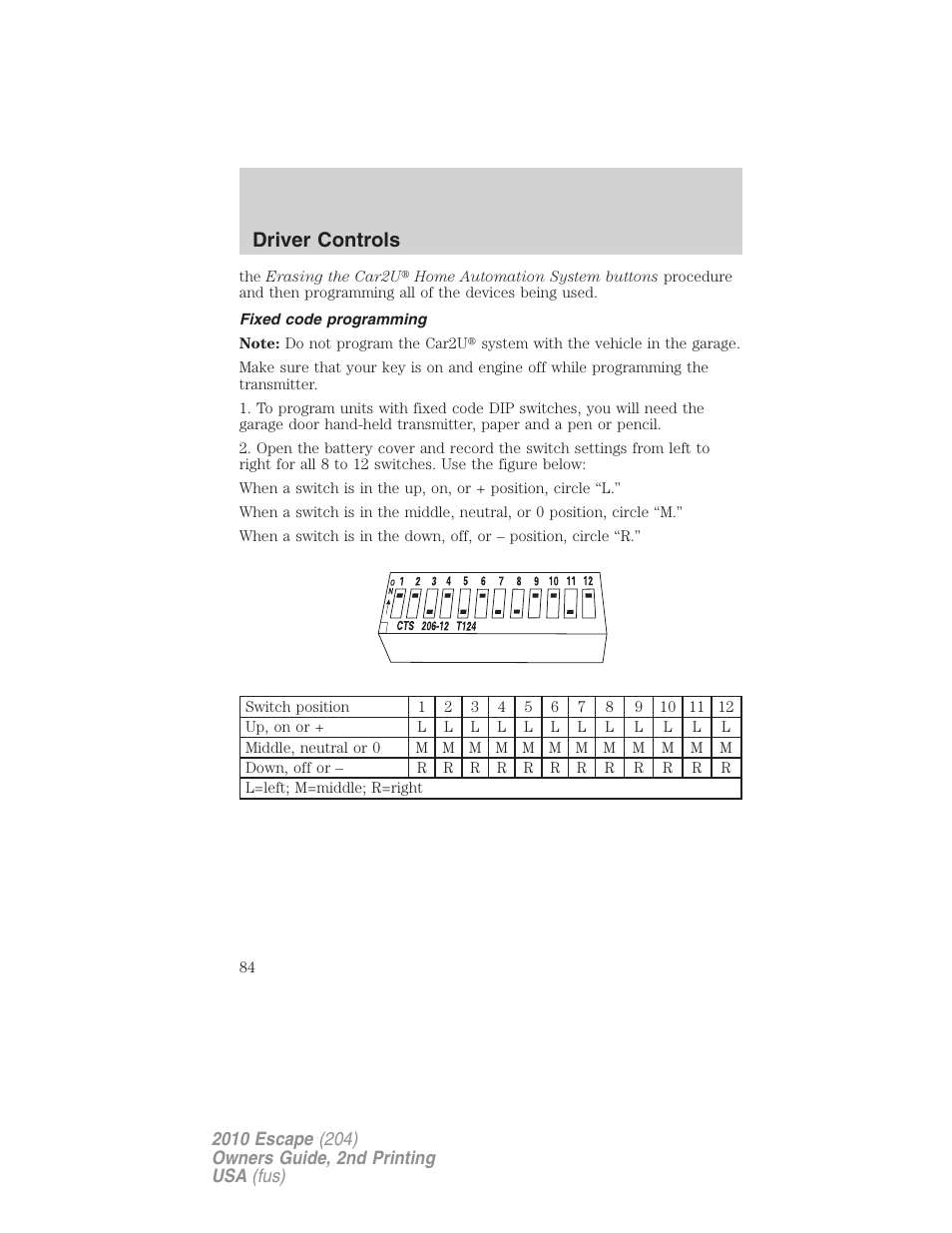 Fixed code programming, Driver controls | FORD 2010 Escape v.2 User Manual | Page 84 / 344