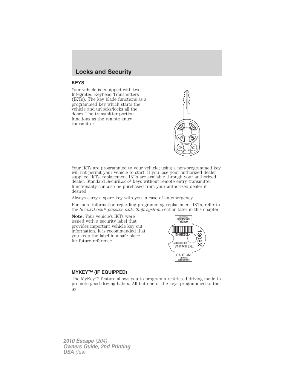 Locks and security, Keys, Mykey™ (if equipped) | FORD 2010 Escape v.2 User Manual | Page 92 / 344