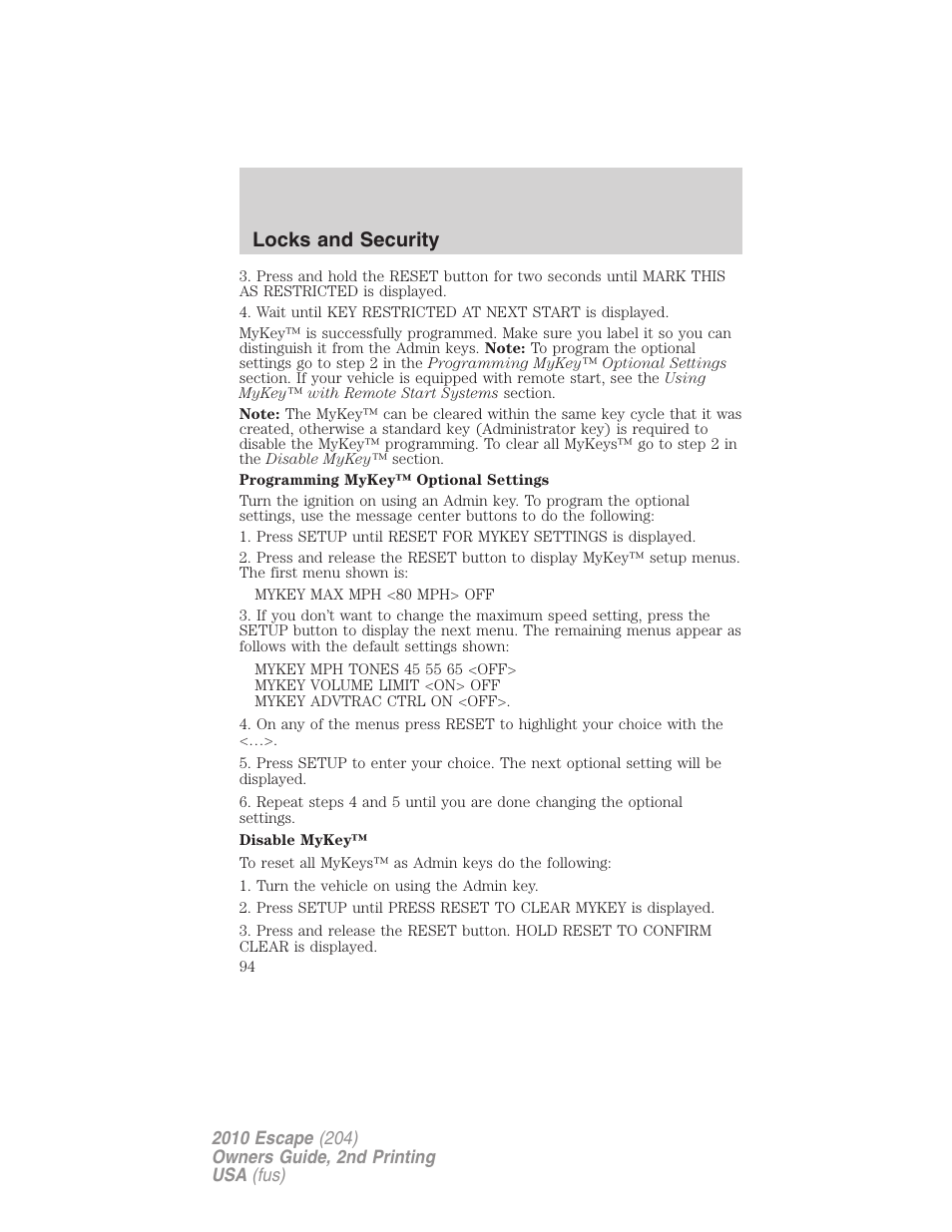 Locks and security | FORD 2010 Escape v.2 User Manual | Page 94 / 344