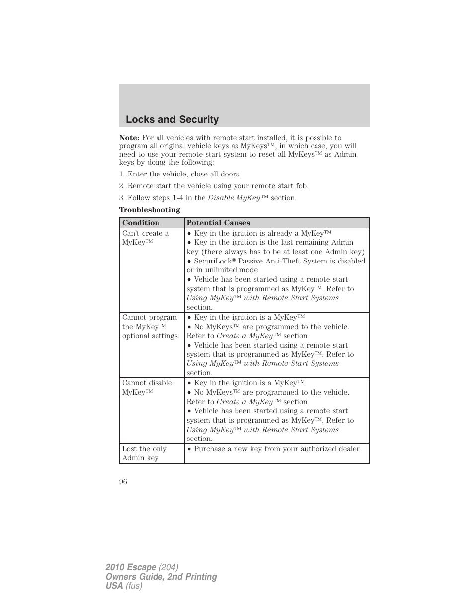 Locks and security | FORD 2010 Escape v.2 User Manual | Page 96 / 344