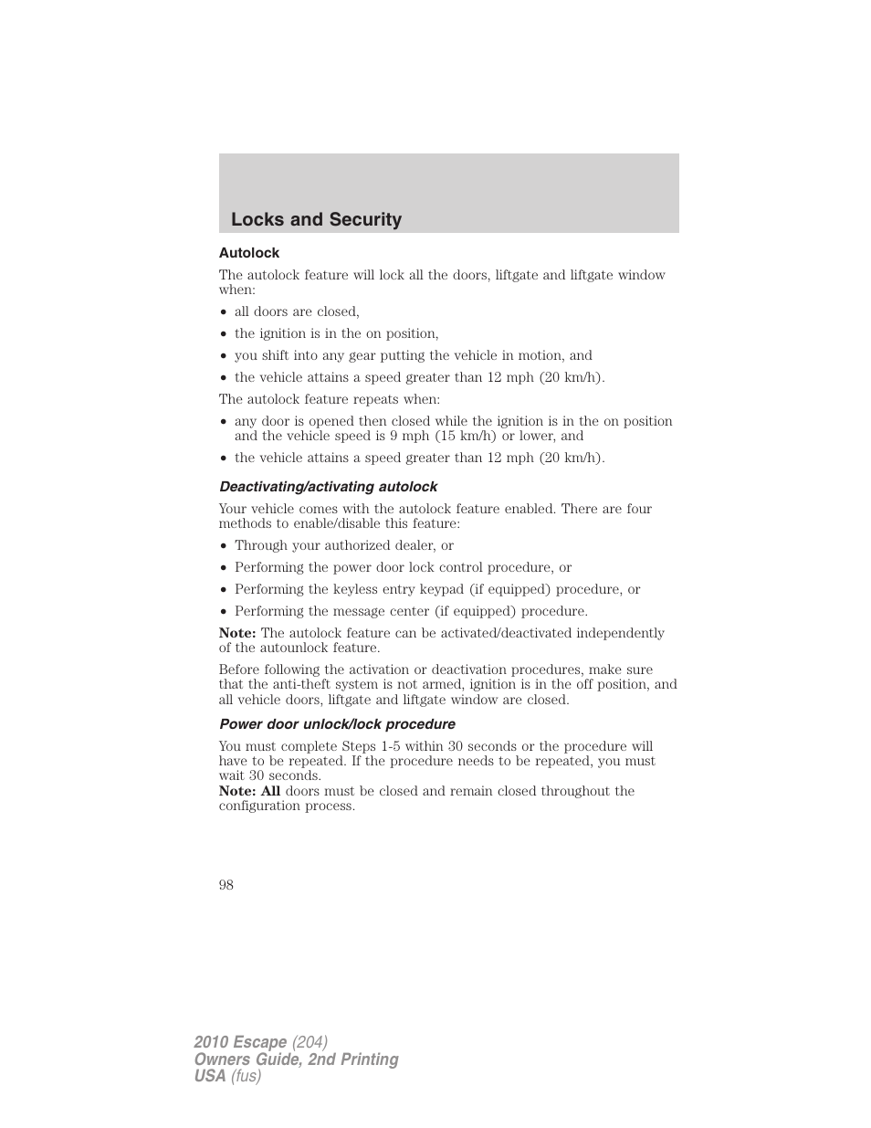 Autolock, Deactivating/activating autolock, Power door unlock/lock procedure | Locks and security | FORD 2010 Escape v.2 User Manual | Page 98 / 344