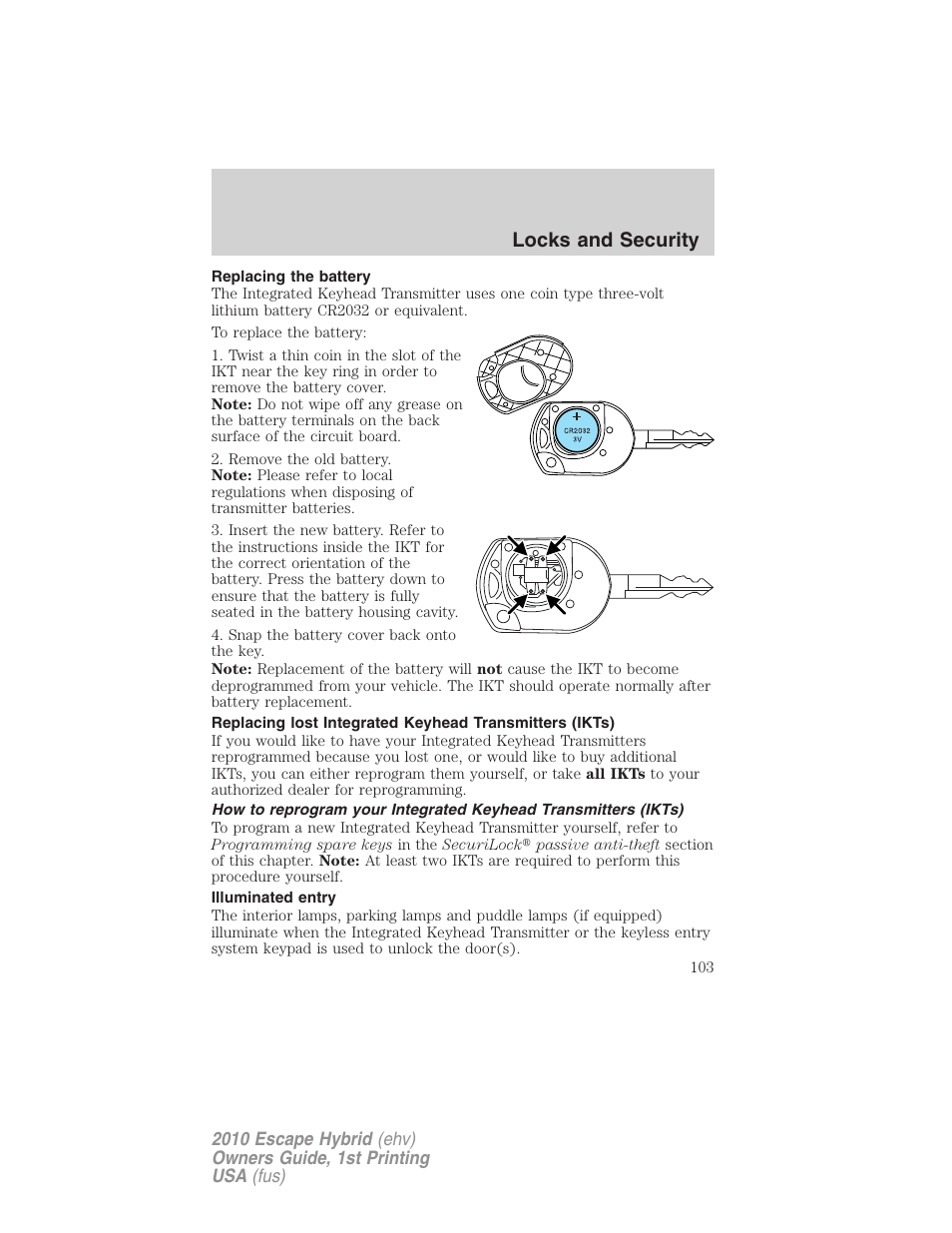 Replacing the battery, Illuminated entry, Locks and security | FORD 2010 Escape Hybrid v.1 User Manual | Page 103 / 352