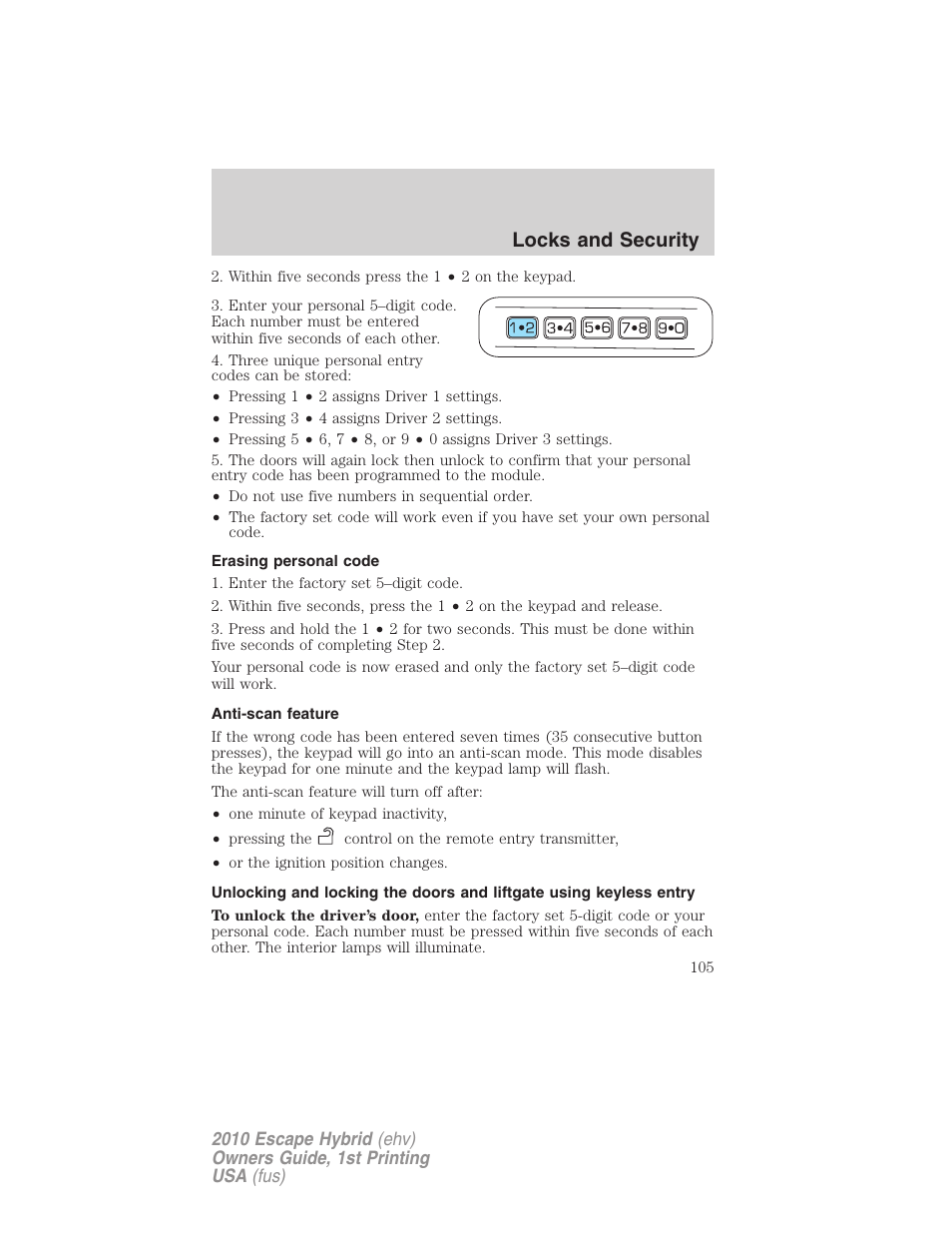 Erasing personal code, Anti-scan feature, Locks and security | FORD 2010 Escape Hybrid v.1 User Manual | Page 105 / 352