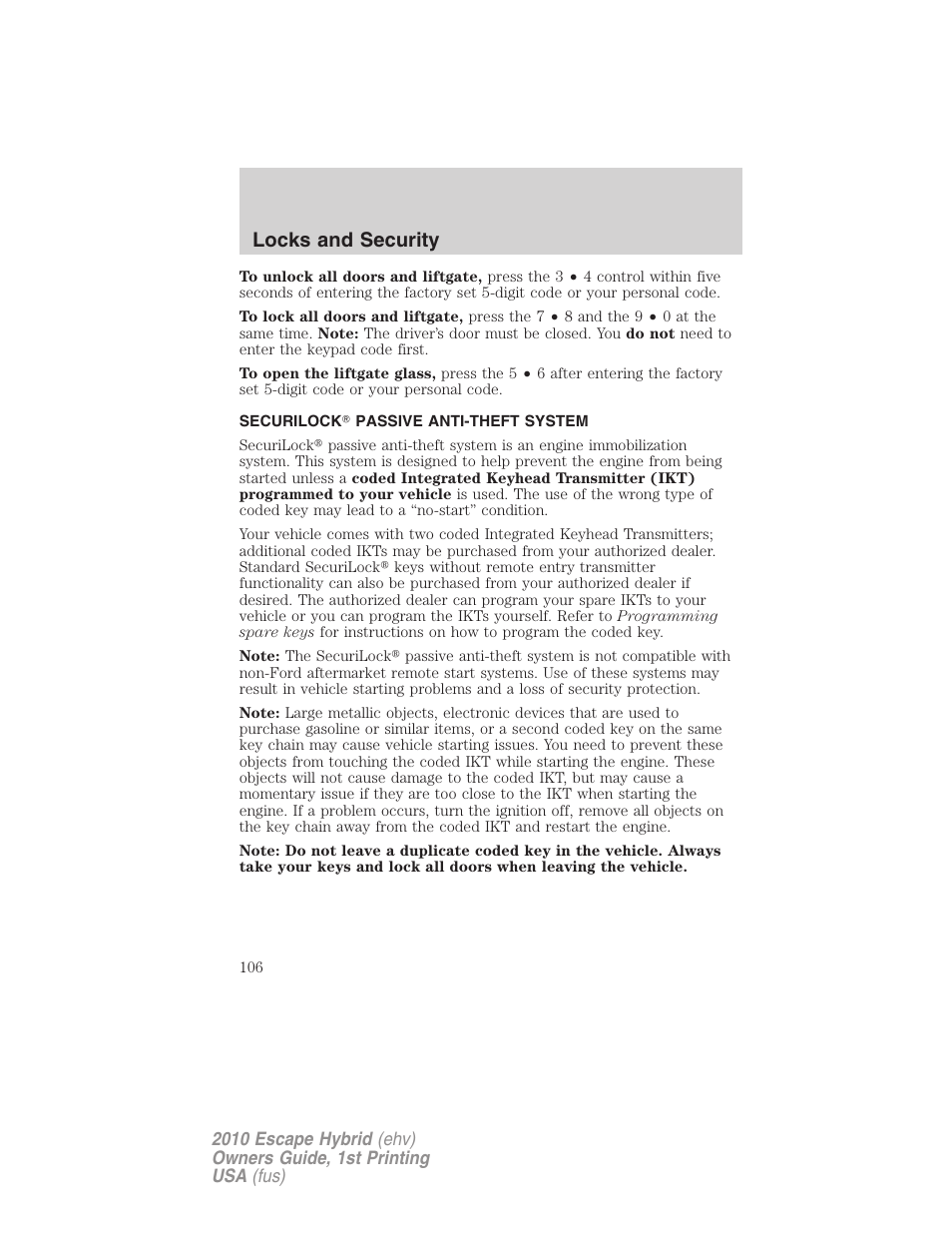 Securilock passive anti-theft system, Anti-theft system, Locks and security | FORD 2010 Escape Hybrid v.1 User Manual | Page 106 / 352