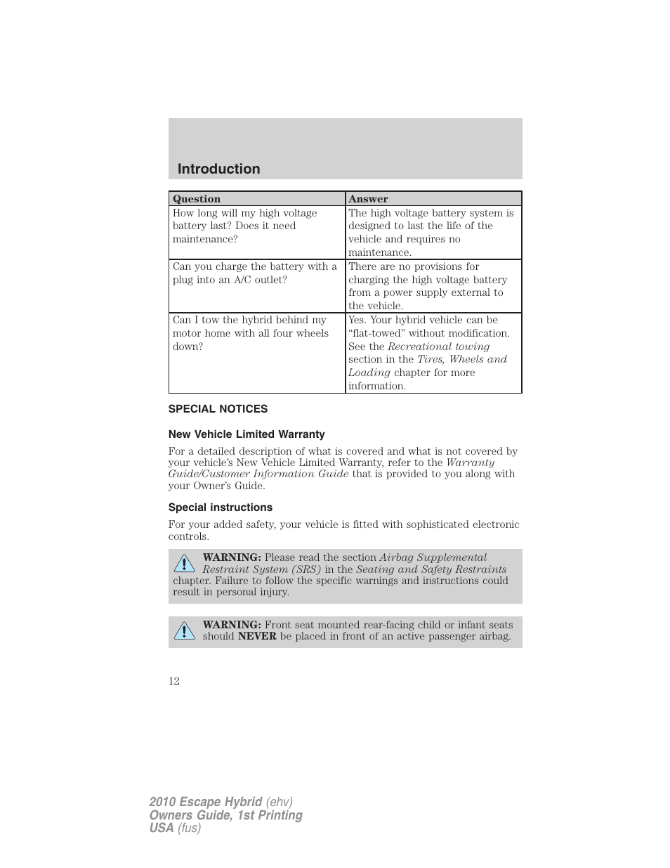 Special notices, New vehicle limited warranty, Special instructions | Introduction | FORD 2010 Escape Hybrid v.1 User Manual | Page 12 / 352