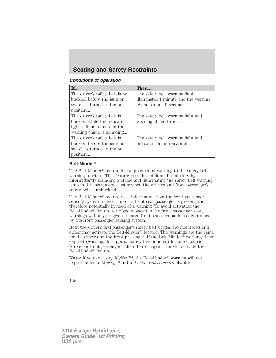 Conditions of operation, Belt-minder, Seating and safety restraints | FORD 2010 Escape Hybrid v.1 User Manual | Page 136 / 352