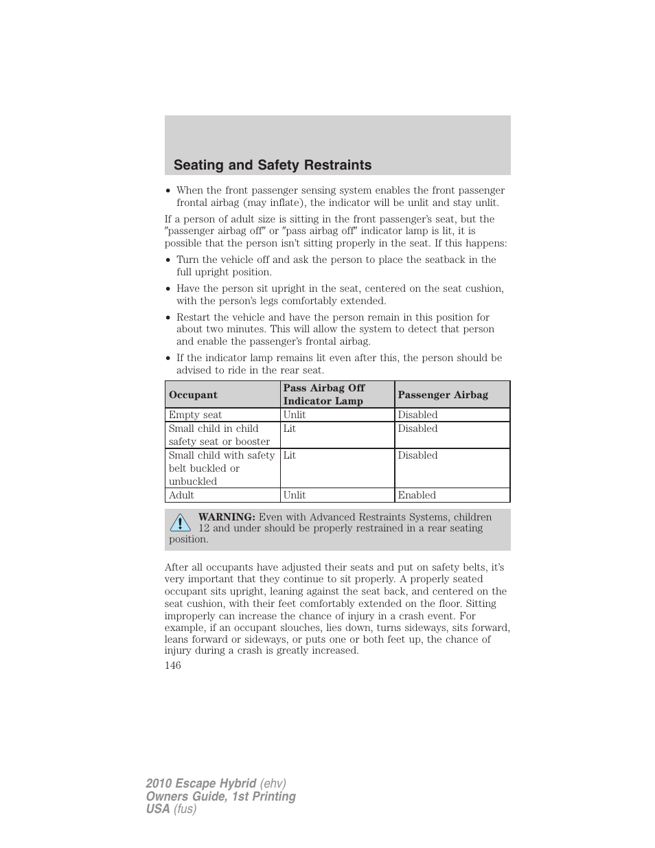 Seating and safety restraints | FORD 2010 Escape Hybrid v.1 User Manual | Page 146 / 352