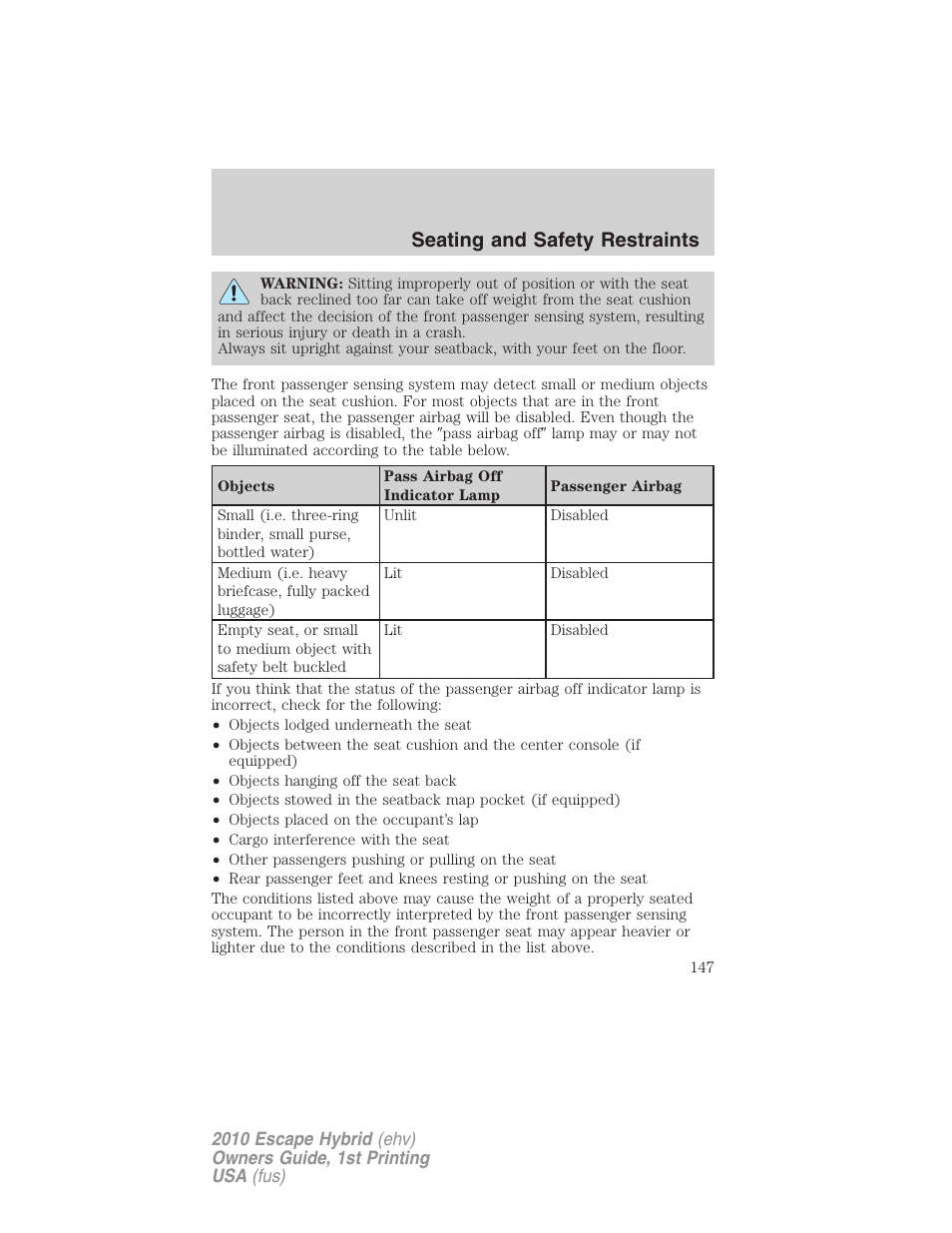 Seating and safety restraints | FORD 2010 Escape Hybrid v.1 User Manual | Page 147 / 352