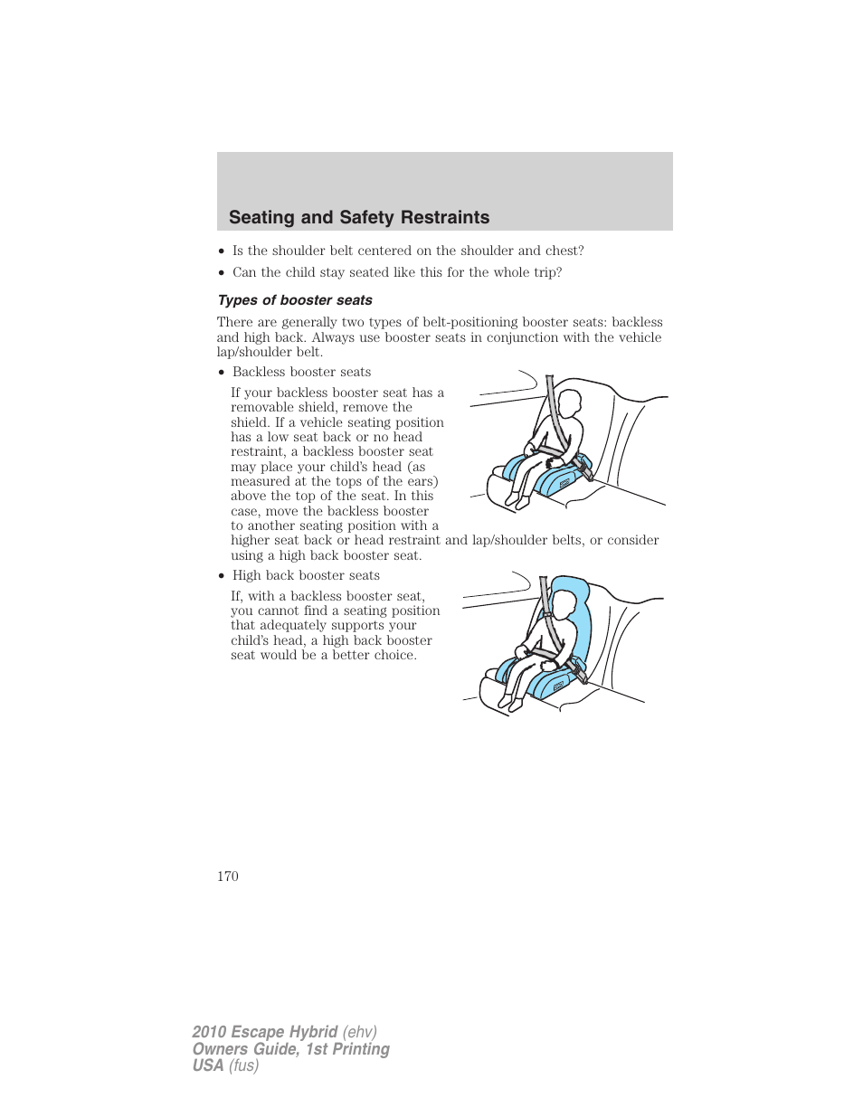 Types of booster seats, Seating and safety restraints | FORD 2010 Escape Hybrid v.1 User Manual | Page 170 / 352