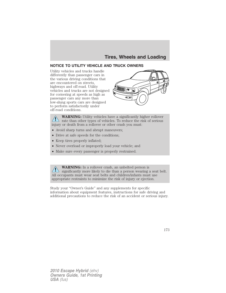 Tires, wheels and loading, Notice to utility vehicle and truck owners | FORD 2010 Escape Hybrid v.1 User Manual | Page 173 / 352