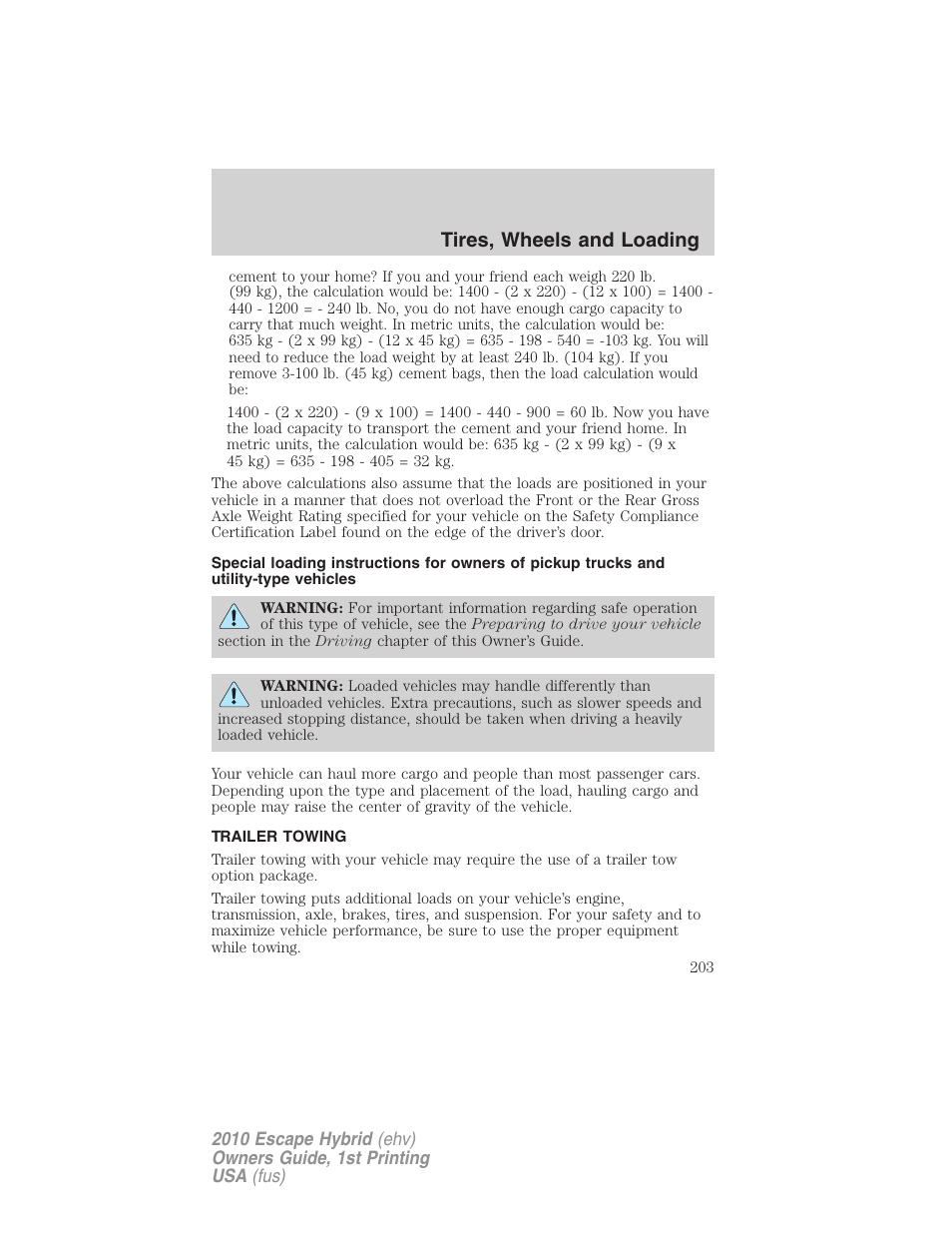 Trailer towing, Tires, wheels and loading | FORD 2010 Escape Hybrid v.1 User Manual | Page 203 / 352