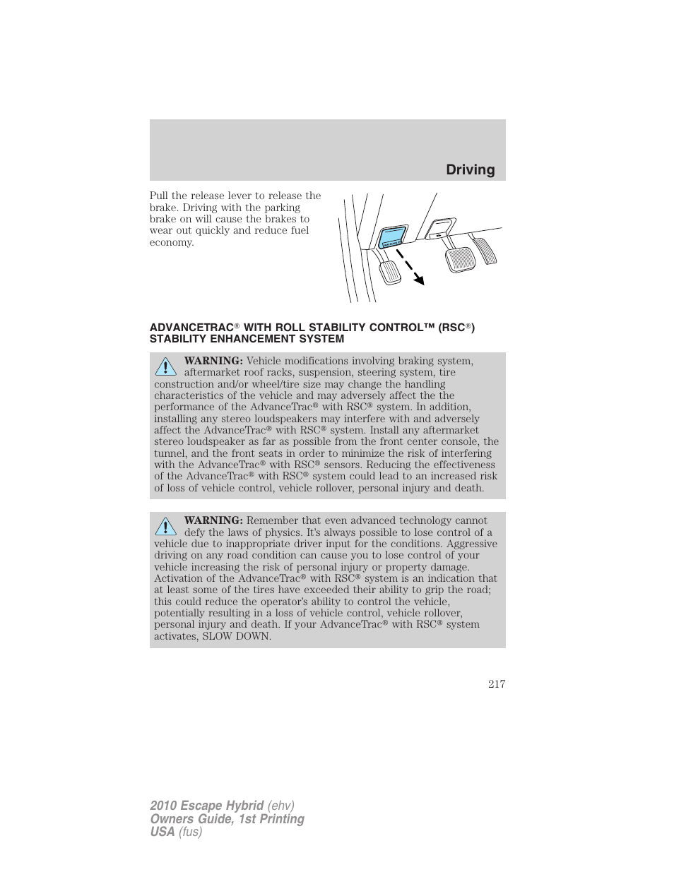 Advancetrac, Driving | FORD 2010 Escape Hybrid v.1 User Manual | Page 217 / 352