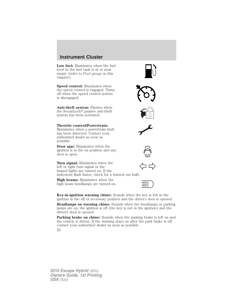 Instrument cluster | FORD 2010 Escape Hybrid v.1 User Manual | Page 22 / 352