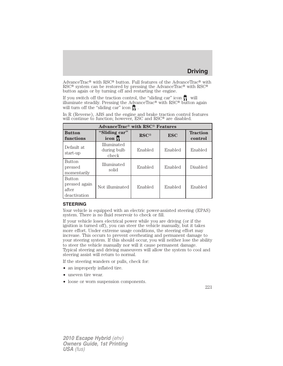 Steering, Driving | FORD 2010 Escape Hybrid v.1 User Manual | Page 221 / 352