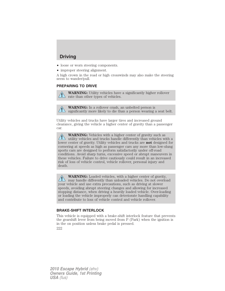 Preparing to drive, Brake-shift interlock, Driving | FORD 2010 Escape Hybrid v.1 User Manual | Page 222 / 352