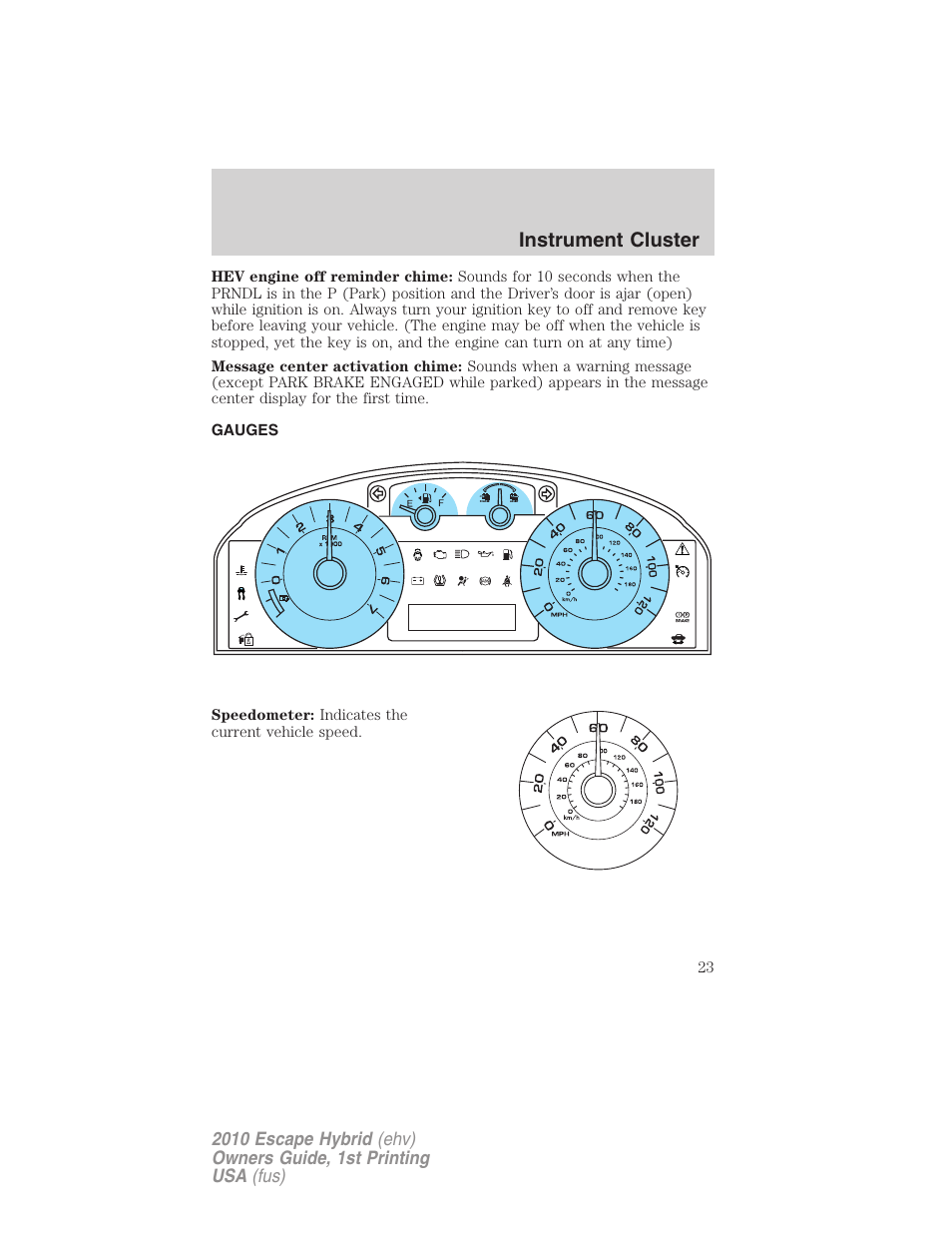 Gauges, Instrument cluster | FORD 2010 Escape Hybrid v.1 User Manual | Page 23 / 352