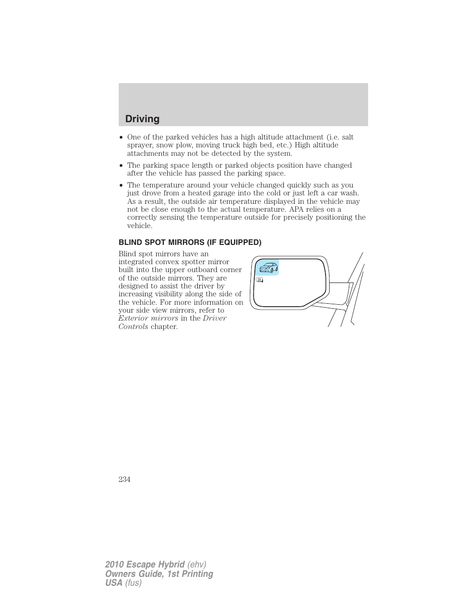 Blind spot mirrors (if equipped), Driving | FORD 2010 Escape Hybrid v.1 User Manual | Page 234 / 352