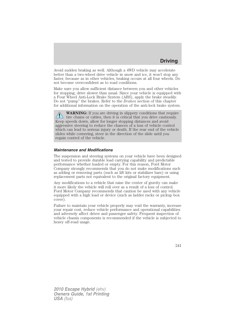 Maintenance and modifications, Driving | FORD 2010 Escape Hybrid v.1 User Manual | Page 241 / 352