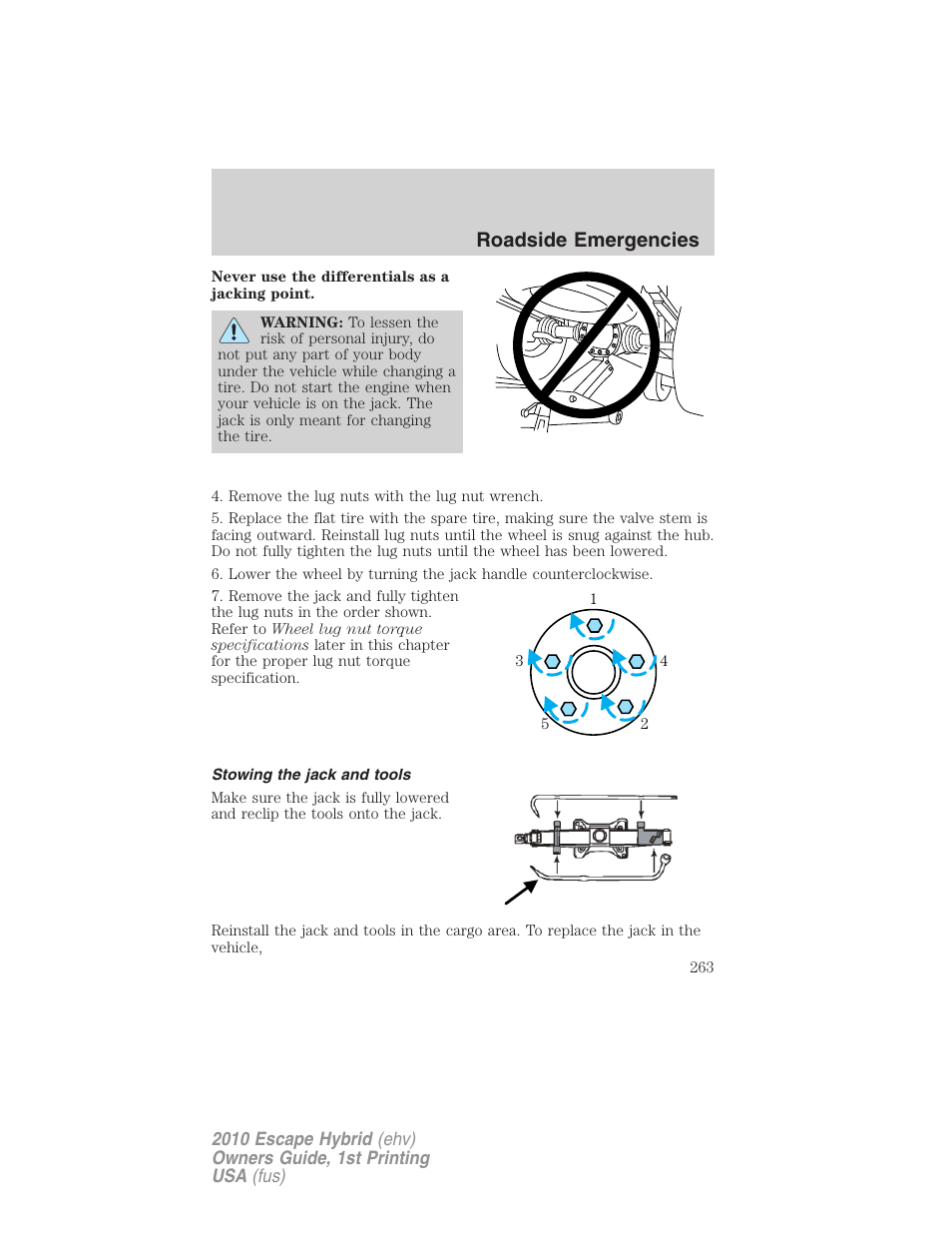 Stowing the jack and tools, Roadside emergencies | FORD 2010 Escape Hybrid v.1 User Manual | Page 263 / 352