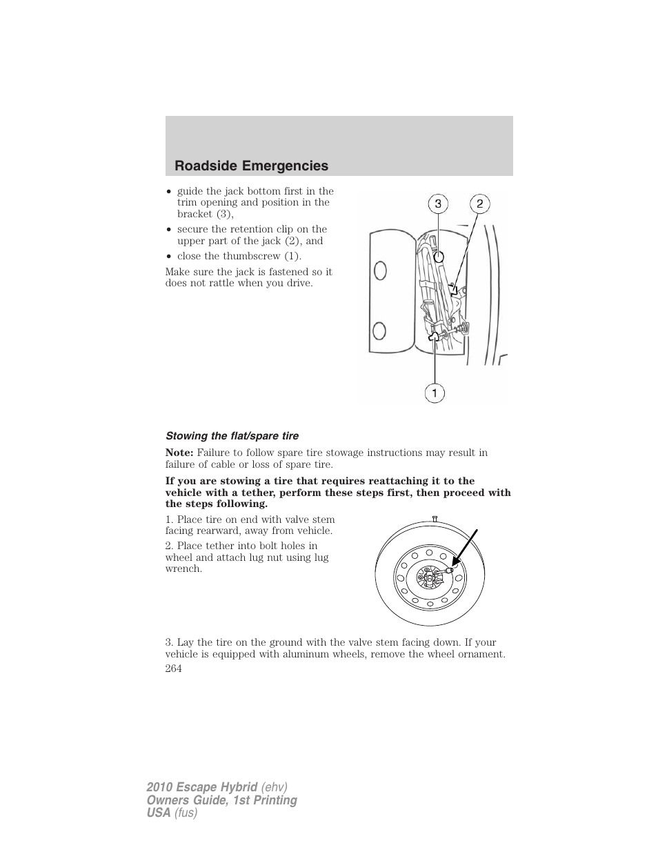 Stowing the flat/spare tire, Roadside emergencies | FORD 2010 Escape Hybrid v.1 User Manual | Page 264 / 352