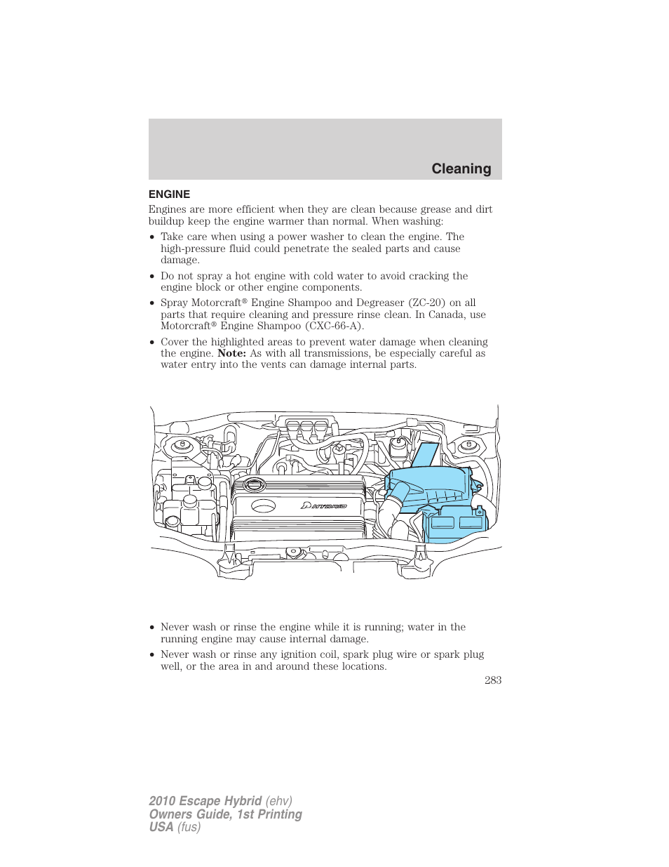 Engine, Cleaning | FORD 2010 Escape Hybrid v.1 User Manual | Page 283 / 352