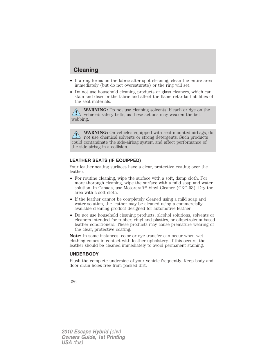 Leather seats (if equipped), Underbody, Cleaning | FORD 2010 Escape Hybrid v.1 User Manual | Page 286 / 352