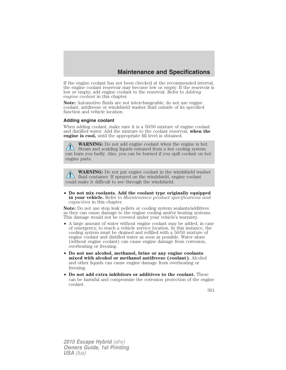 Adding engine coolant, Maintenance and specifications | FORD 2010 Escape Hybrid v.1 User Manual | Page 301 / 352