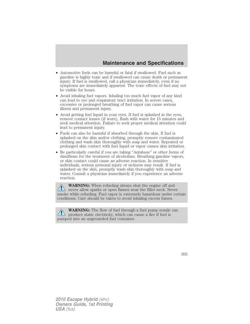 Maintenance and specifications | FORD 2010 Escape Hybrid v.1 User Manual | Page 305 / 352