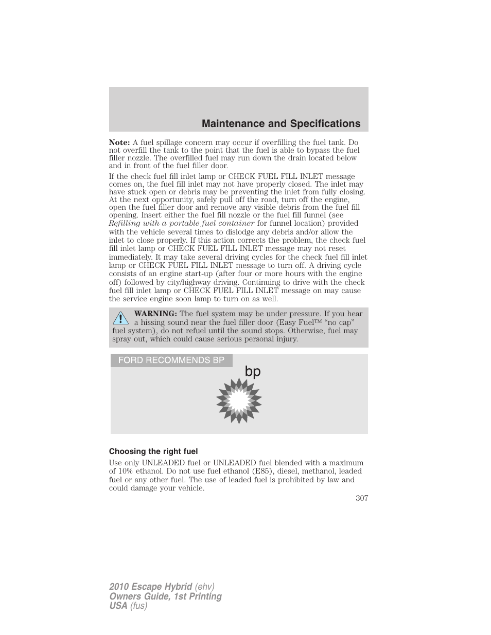 Choosing the right fuel, Maintenance and specifications | FORD 2010 Escape Hybrid v.1 User Manual | Page 307 / 352