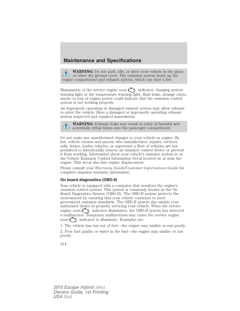 On board diagnostics (obd-ii), Maintenance and specifications | FORD 2010 Escape Hybrid v.1 User Manual | Page 314 / 352