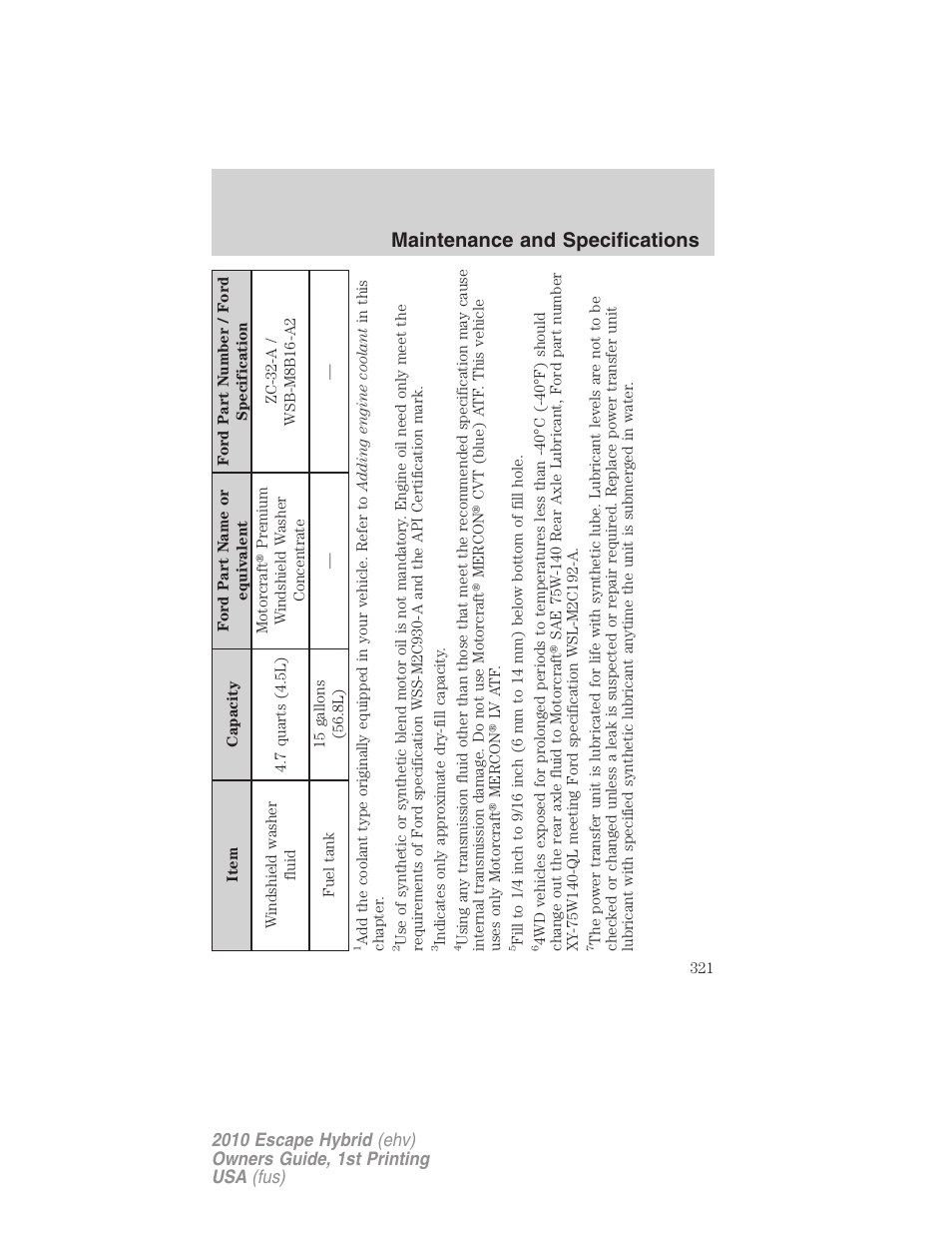 Maintenance and specifications | FORD 2010 Escape Hybrid v.1 User Manual | Page 321 / 352