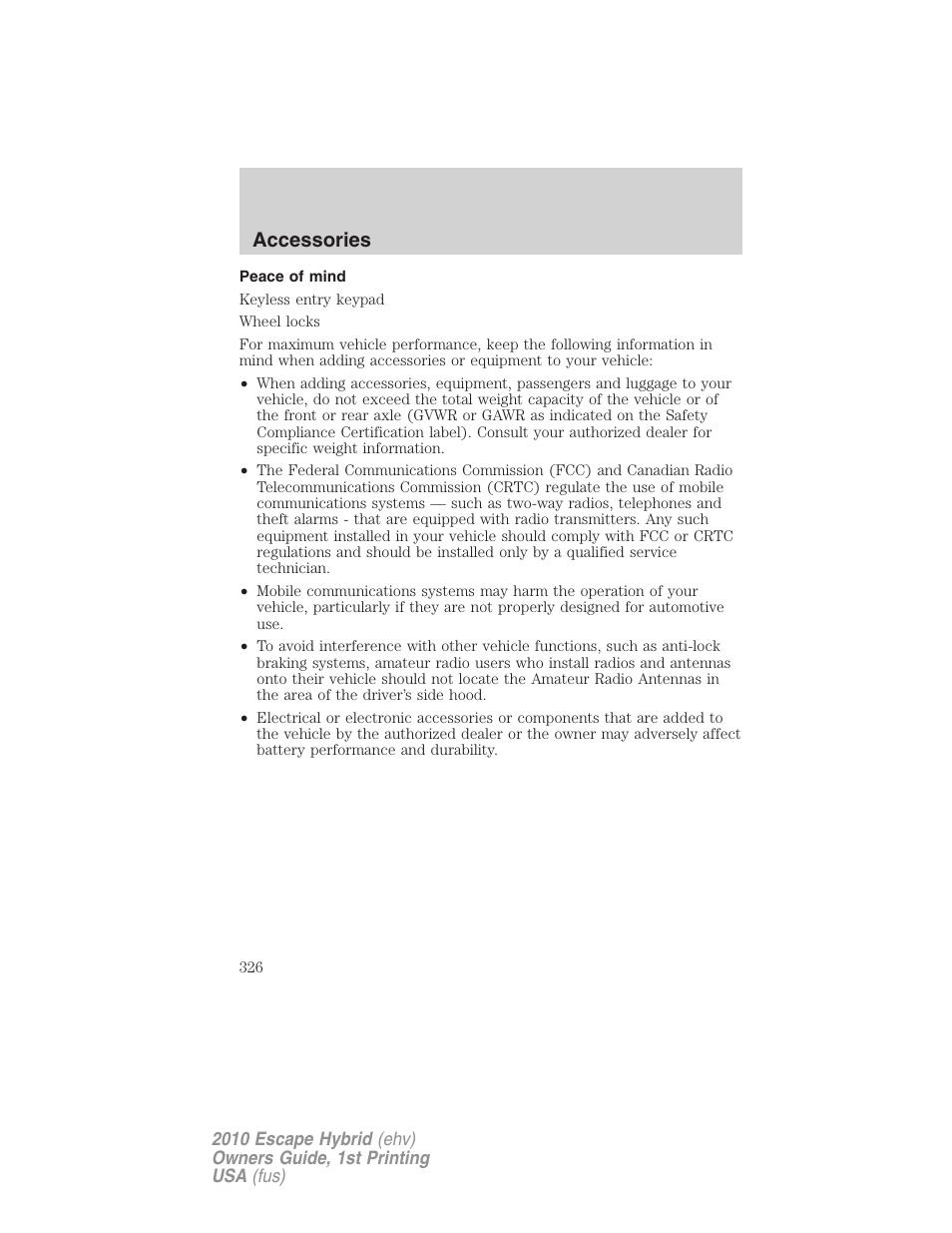 Peace of mind, Accessories | FORD 2010 Escape Hybrid v.1 User Manual | Page 326 / 352